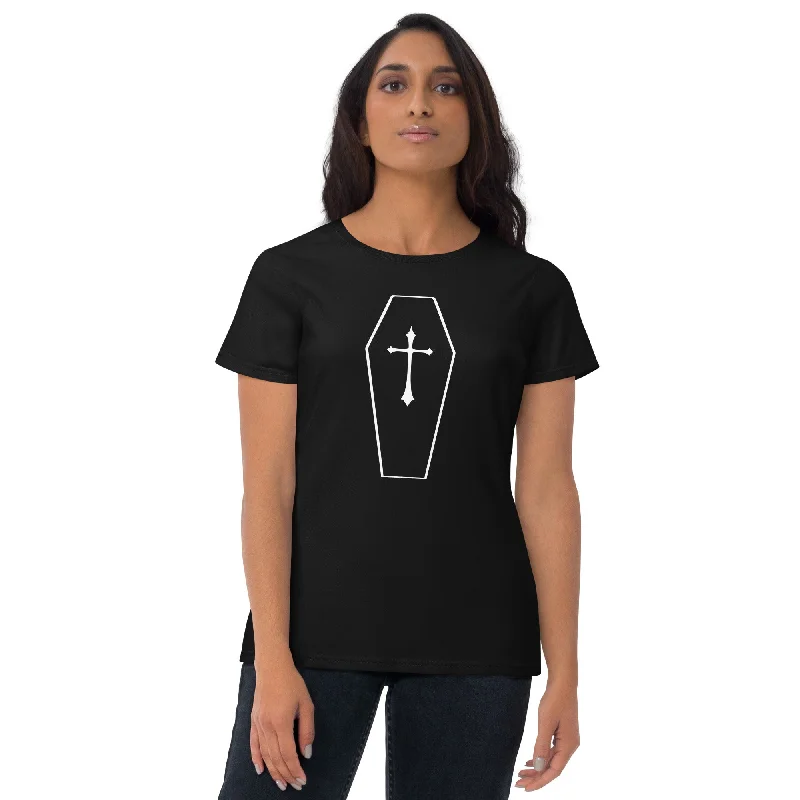 Vintage Toe Pincher Coffin w/ Gothic Cross Women's Short Sleeve Babydoll T-shirt Solid Print Embellished