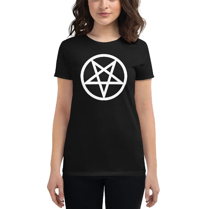 White Classic Inverted Pentagram Occult Symbol Women's Short Sleeve Babydoll T-shirt Welt Pockets Slit Pockets Flap Pockets