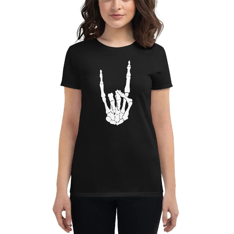 White Devil Bone Hand Heavy Metal Horns Up Sign Women's Short Sleeve Babydoll T-shirt Machine Wash Dry Clean Hand Wash