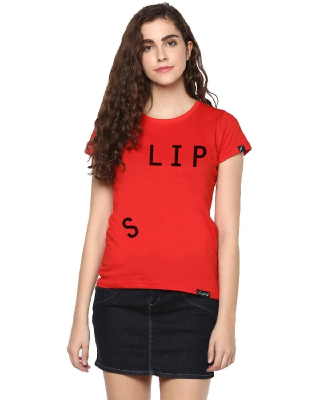 Womens Half Sleeve Slip Printed Red Color Tshirts Collared Crew Neck Turtle Neck