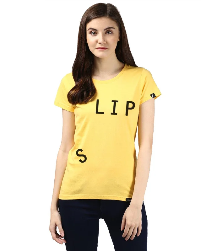 Womens Half Sleeve Slip Printed Yellow Color Tshirts Fitted T-Shirt Seamless Stretchy