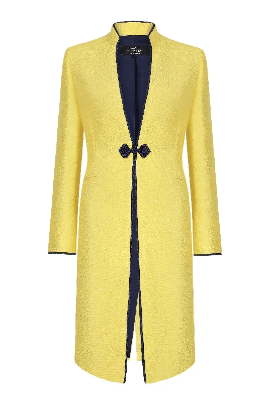 Yellow Dress Coat in Summer Brocade with Cord Trim and Frogging  - Vicky