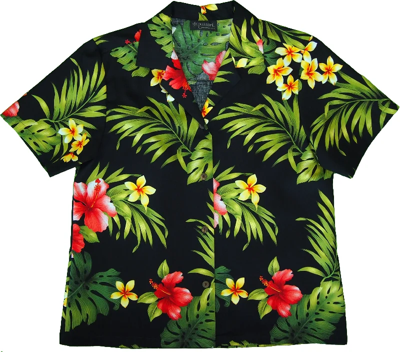 Tropical Summer HIbiscus Women's Hawaiian Camp Shirt Embroidered Appliqued Beaded