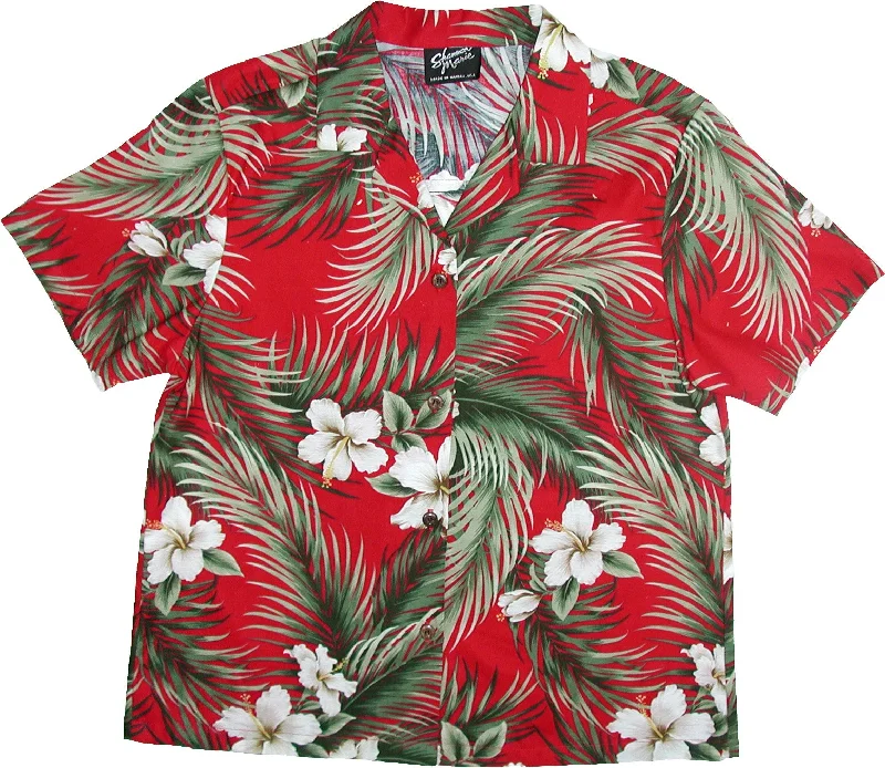White Hibiscus Women's Hawaiian Camp Shirt Collared Crew Neck Turtle Neck