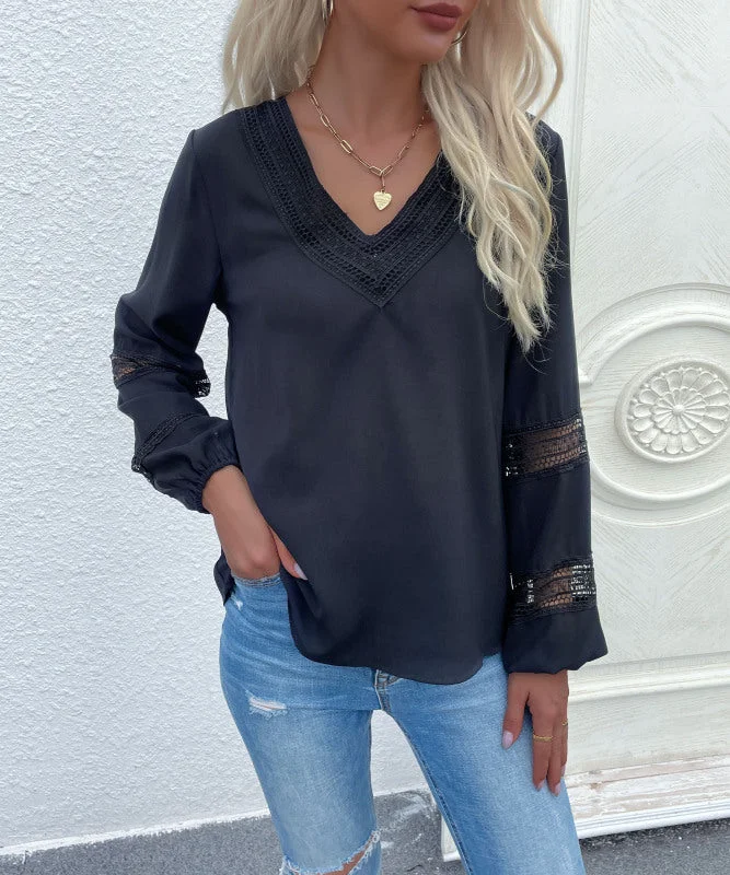 Women's woven V-neck stitching hollow lace shirt Anti-Pilling Machine Wash Handmade